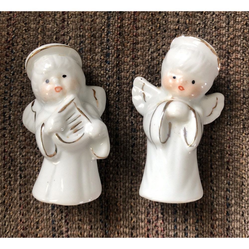 Vintage Salt & Pepper Shakers Hand Painted Angels Ceramic White/Gold